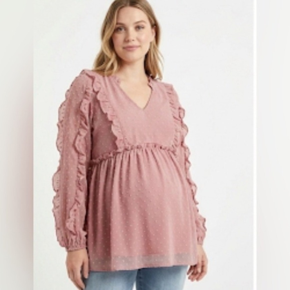 Maacie Maternity Swiss Dot‎ Ruffle Blouse Dusty Rose Pink Long Sleeve Top Large